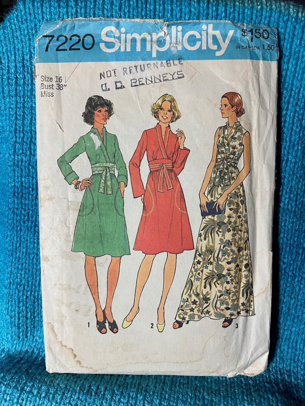 Simplicity Pattern 7220 dress midi maxi fit and flare 1960s size 16
